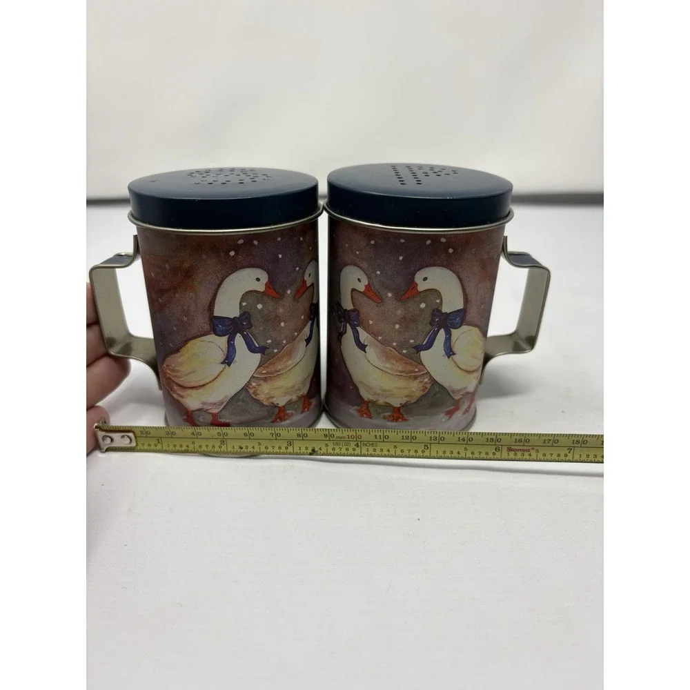 Vtg J.S.N.Y. Salt & Pepper Shakers Tin Metal Winter Ducks Geese Blue Bows Snow